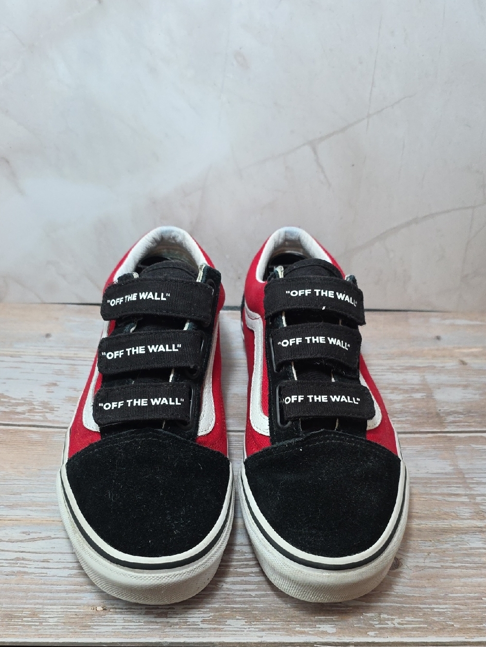 Vans Kids 6.5 Old Skool Velcro Sneakers - Red, Black & White